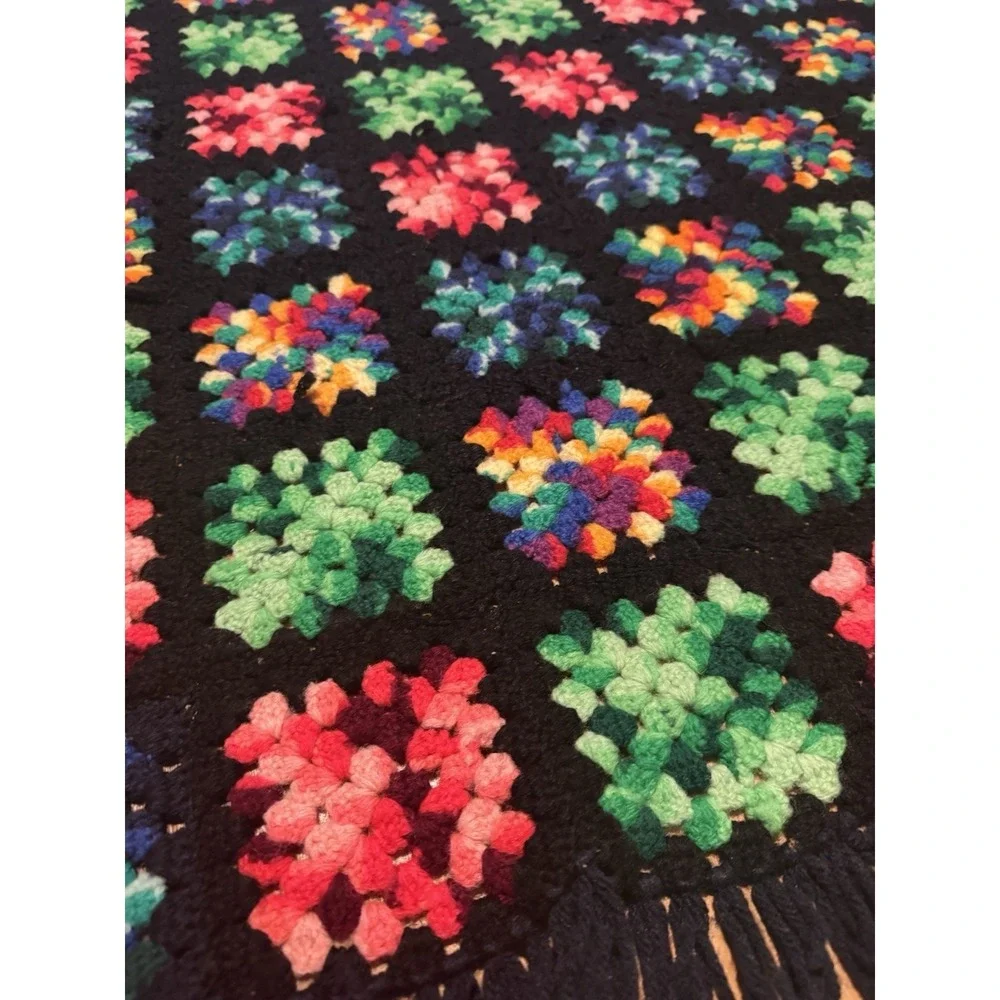 Vintage Handmade Granny Square Crochet Blanket Throw Black Multicolor Fr1nge